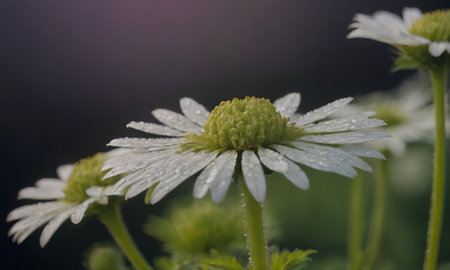 White daisy flower with water drops on petals and green leavesの写真素材
