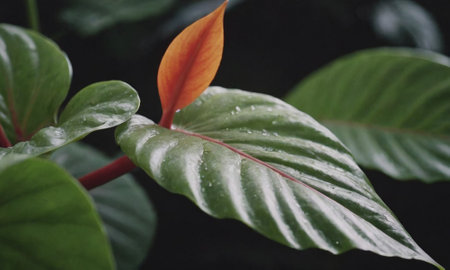 Leaves of a tropical plant, close-up. Nature backgroundの写真素材