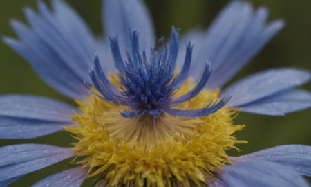 Blue cornflower closeup with water drops on petals and yellow center