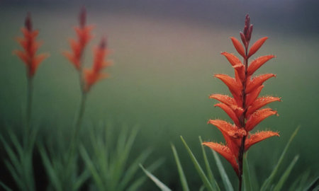 Orange flower in the garden with green grass background, soft focus.の写真素材