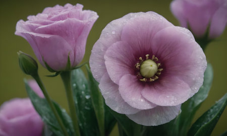 Beautiful pink flower with water drops on green background, closeupの写真素材
