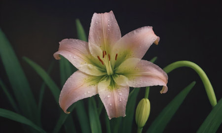 Pink lily with water droplets on the petals on a dark backgroundの写真素材