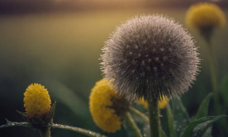 Dandelion flower in the meadow at sunset, close upの写真素材