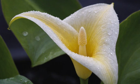 Yellow calla lily with water droplets on the petalsの写真素材