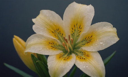 Yellow lily with water droplets on the petals on a dark backgroundの写真素材