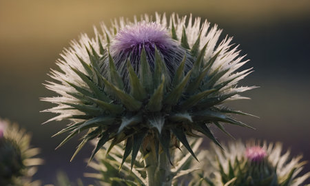 Close up of a thistle flower in bloom with morning dewの写真素材
