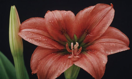 Beautiful pink lily flower on a black background, close-upの写真素材