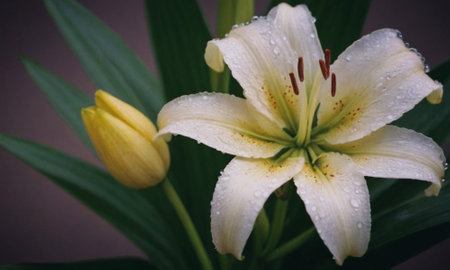 White lily with raindrops on the petals and green leavesの写真素材