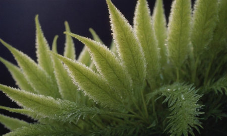 Close up of a green fern with raindrops on it.の写真素材