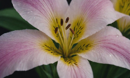 pink lily with rain drops on the petals close upの写真素材