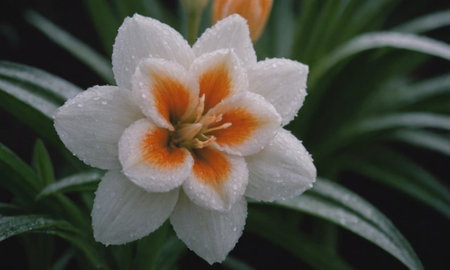White and orange crocus flower with raindrops on petals.の写真素材