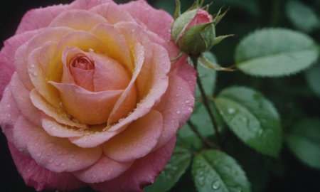 Beautiful pink rose with dew drops on the petals.の写真素材
