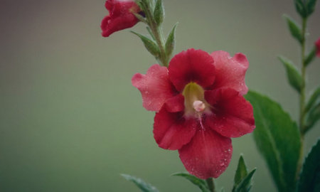 Red flower with water droplets on the petals and green backgroundの写真素材