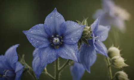 Close up of blue flower with water droplets on petals.の写真素材