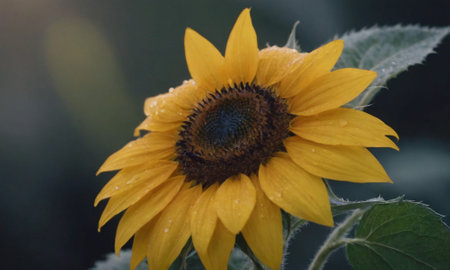 Sunflower in the morning with dew drops on the petalsの写真素材