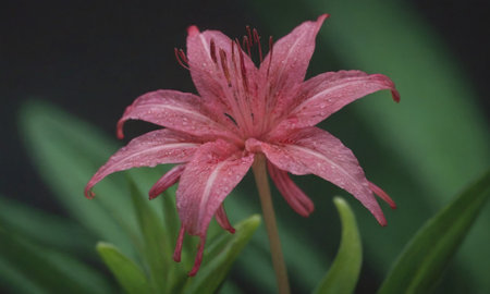 Beautiful pink lily flower with raindrops on petals.の写真素材
