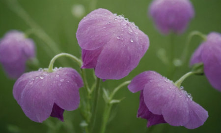 Purple flowers with drops of water on the petals and green backgroundの写真素材
