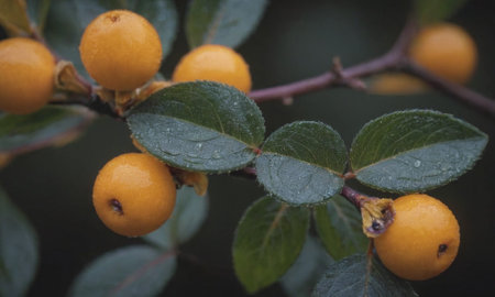 Yellow berries on a branch with green leaves and water drops after the rainの写真素材