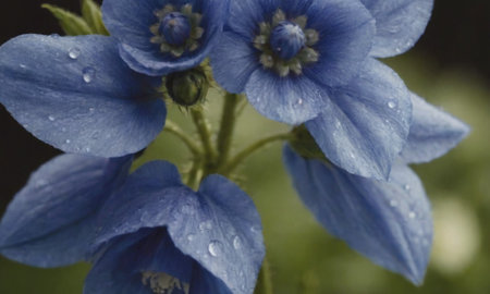 Beautiful blue flowers with raindrops on the petals close upの写真素材