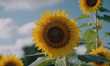 Sunflower blooming in the field with blue sky and white cloudsの写真素材