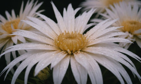 White chrysanthemum with drops of dew on petalsの写真素材