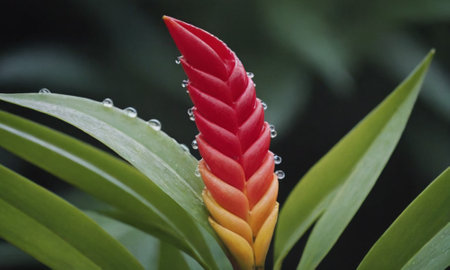 Red and yellow flower of bromeliad with water dropletsの写真素材