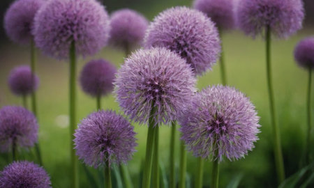 Close up of purple allium flowers blooming in the garden.の写真素材