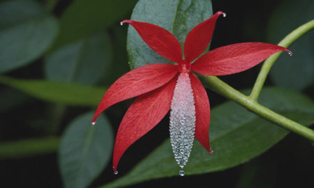 Red flower with water droplets on the petals and green leavesの写真素材