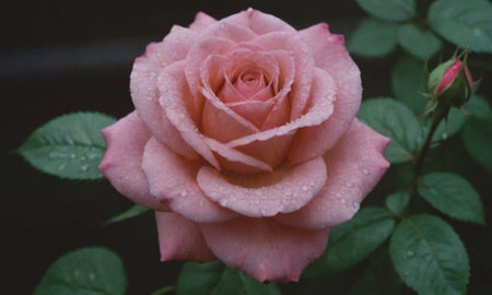 Beautiful pink rose with dew drops on petals close upの写真素材