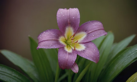 Purple lily with raindrops on the petals and green leavesの写真素材