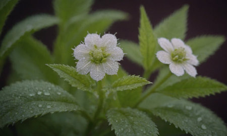 White flowers with water droplets on the petals and leaves.の写真素材