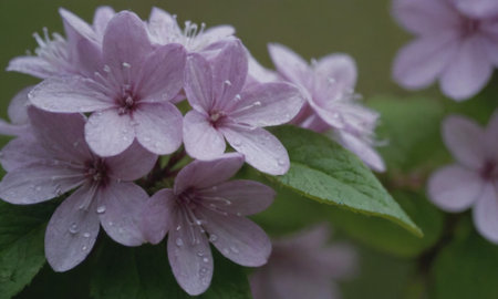 Hydrangea macrophylla. Pink flowers with raindrops.の写真素材