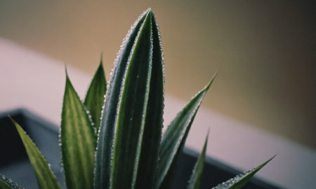 Close up of a houseplant in a pot with water dropletsの写真素材