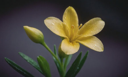Yellow freesia flower with water droplets on petals.