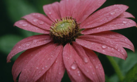 Pink flower with drops of dew on petals and green leavesの写真素材