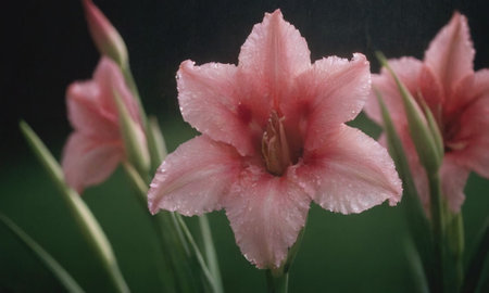 pink gladiolus flower with water drops on the petalsの写真素材