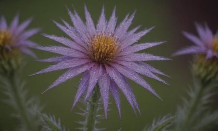 purple flower with dew drops on the petals close upの写真素材