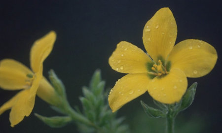 Yellow flowers with raindrops on the petals, close-upの写真素材