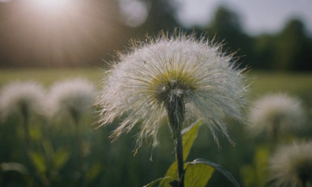 Dandelion flower in the meadow at sunset in summer.の写真素材