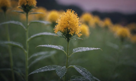 Yellow flowers in the field after the rain. Shallow depth of field.の写真素材