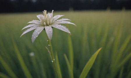 Close up of a white flower in the middle of a rice fieldの写真素材