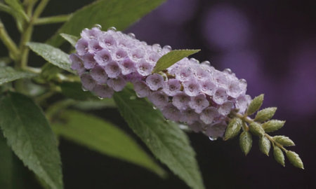 Close up of a purple flower with green leaves in the background.の写真素材