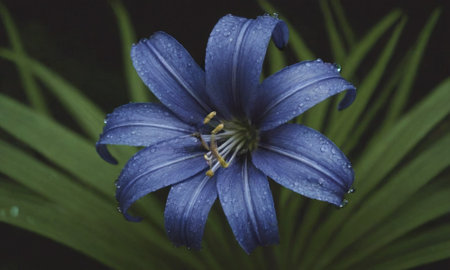 Beautiful blue lily flower with water drops on petals.の写真素材