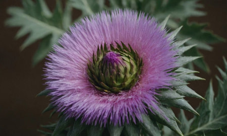 purple thistle flower closeup on a dark background top view