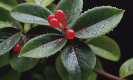 Red berries on the leaves of a holly bush in the rainの写真素材