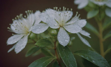 White flowers with raindrops on a dark background. Close-up.