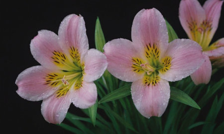 Pink lilies on a black background. Close-up. Nature.の写真素材