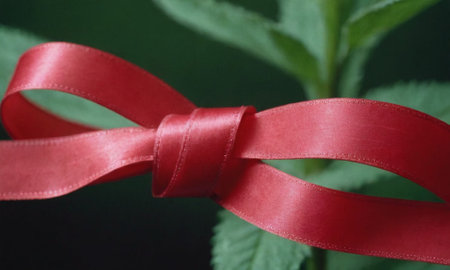 Red satin ribbon on a green background, close-up.の写真素材