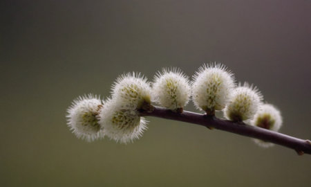 Pussy-willow branch with white flowers on a blurred backgroundの写真素材