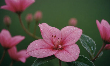Pink flowers with raindrops on the petals, close-upの写真素材